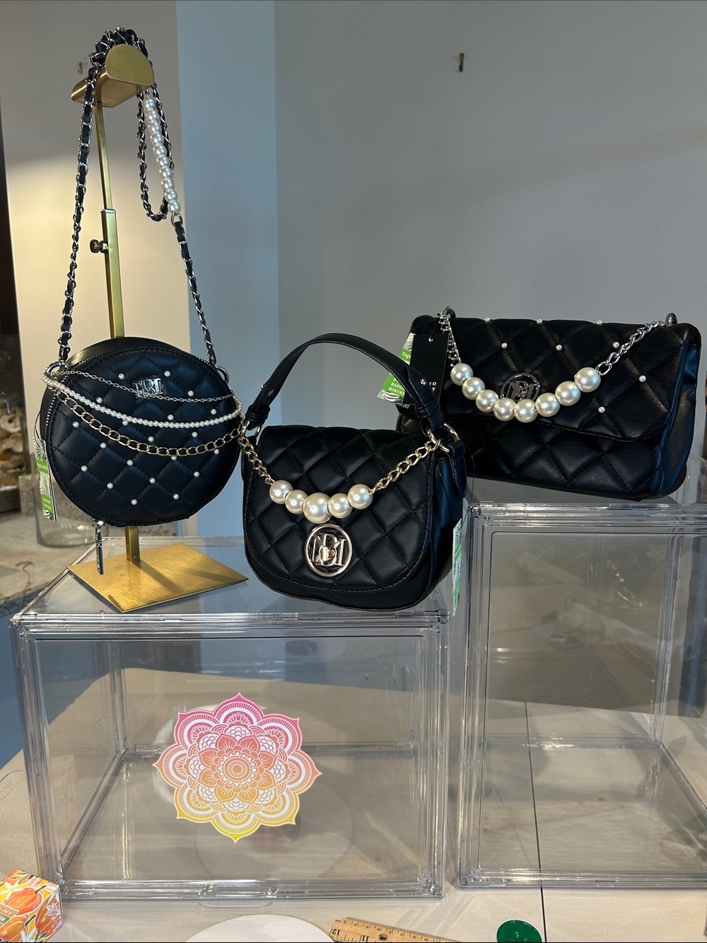 Badgley Mischka Vegan Trio Black Quilted Pearl-Accent Crossbody Bags NWT